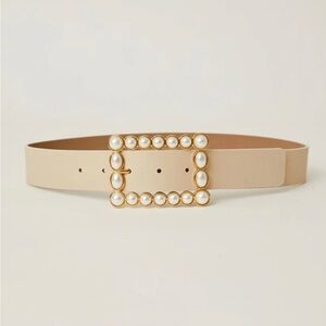 Made in Italy - Joan Belt B-Low the Belt Cream w/Faux Pearl Gold Buckle Sz L